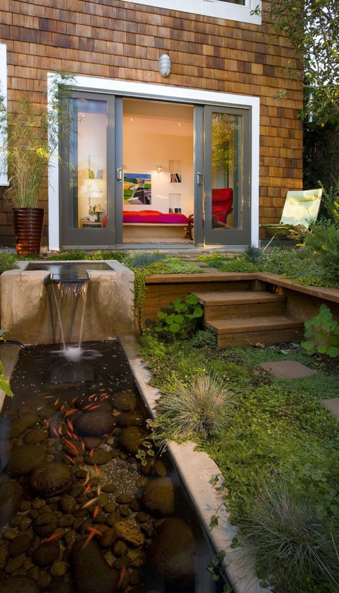 petit jardin japonais, lac décoratif, carpe koi, pas d escalier, chaise, fontaine de piscine, maison
