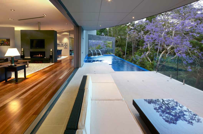 aménagemen extérieur maison, piscine moderne, terrasse béton, villa moderne, fontaines de piscine
