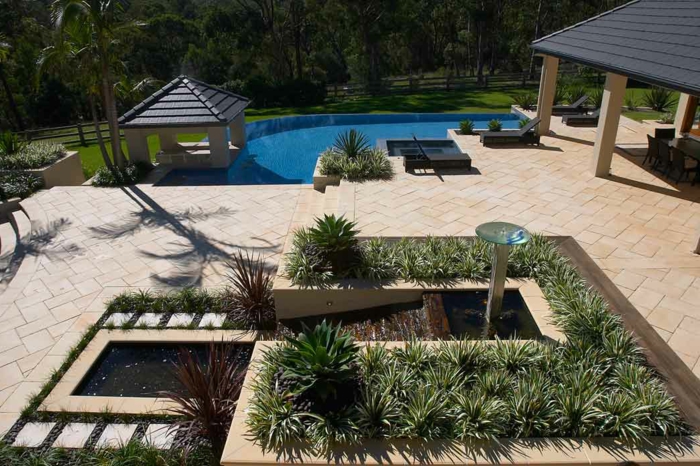 aménagement terrasse et jardin photo, zones plantées, terrasse, piscine, abris de jardin, gazon