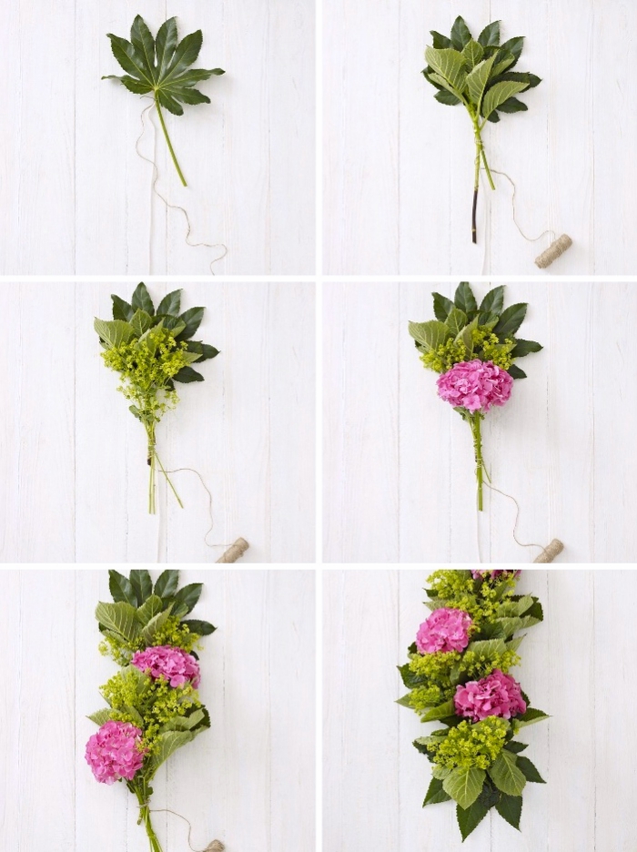 guirlande de fleurs et de feuilles, deco centre de table frais, alchemille, hortensia 