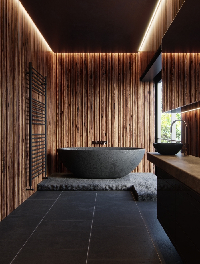 modèle de salle de bain zen au sol en carrelage noir, idée revêtement mural pour salle de bain avec planches de bois