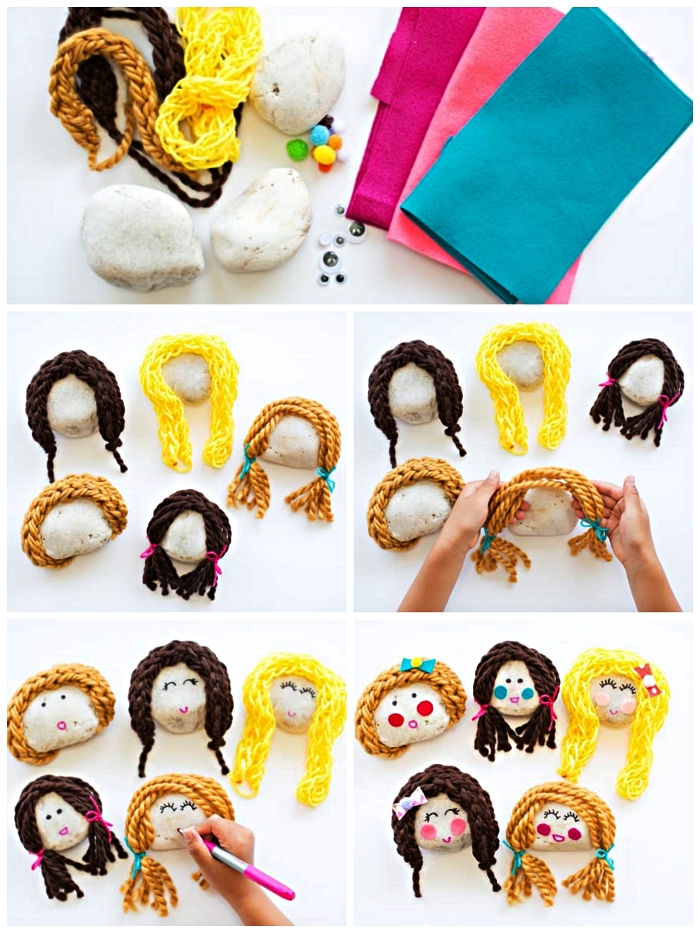 bricolage avec galets pour tout petits, faire des poupées en galets avec des cheveux en laine, activité ludique avec galets décorés