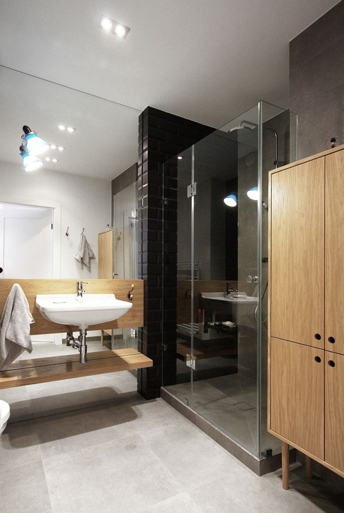 agencement salle de bain avec cabine de douche, déco petite salle de bain aux murs blancs avec pan de mur en noir