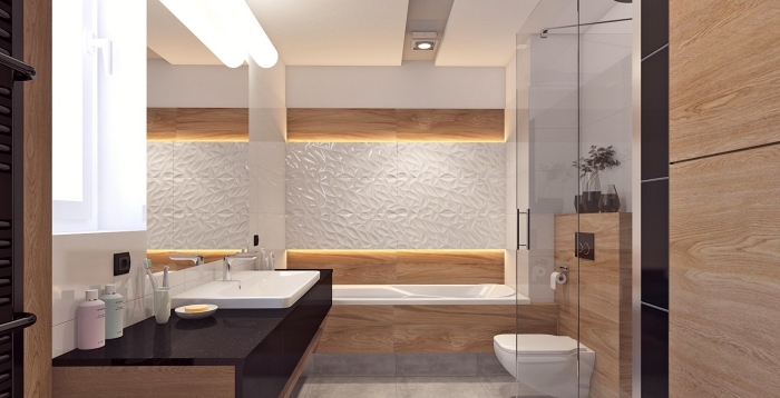 salle de bain tendance aux murs blancs avec décoration en bois et éléments en noir, idée meuble bois salle de bain