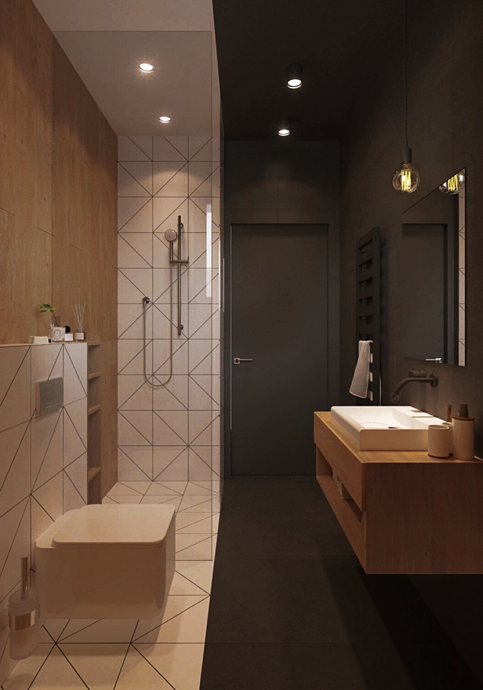 idée comment aménager une petite salle de bain en longueur, exemple de meuble bois salle de bain moderne