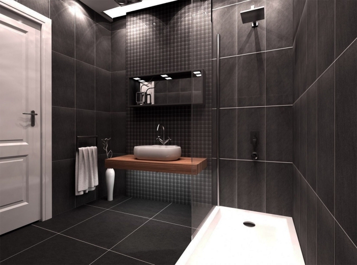 modèle de salle de bain noire avec cabine de douche, idée éclairage led salle de bain, meuble bois salle de bain