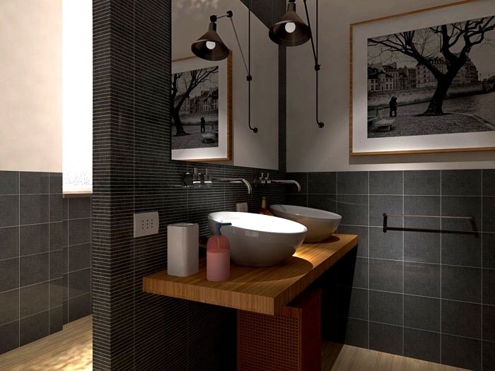 décoration salle de bain noir et blanc avec meuble sous vasque en bois, petite salle de bain avec double vasque