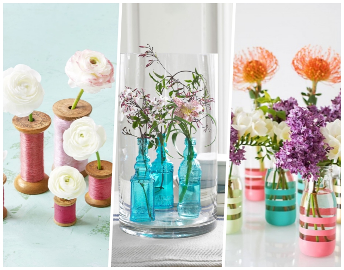 comment créer sa deco table avec bobines, bouteilles turquoises et bouteilles en verre, vases diy
