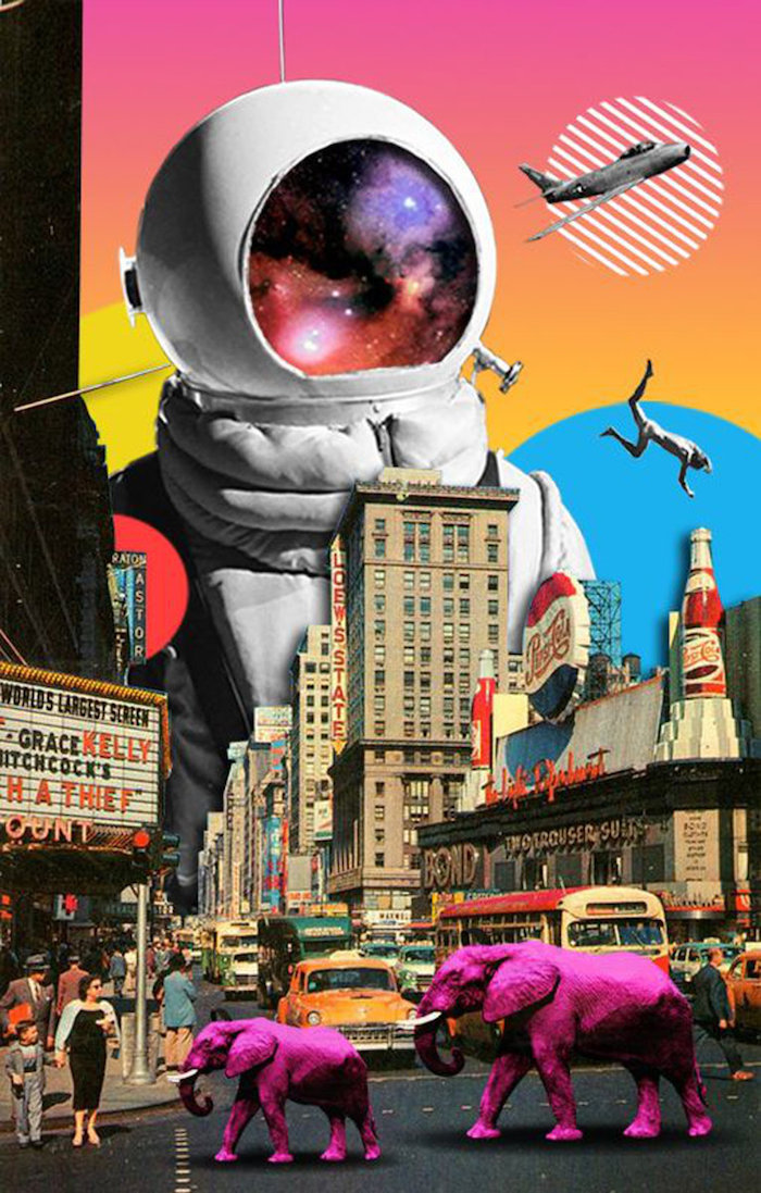 Astronaute collage éléphants bleus, image de fille, photo swag, meuf trop belle boulevard new yorkais 