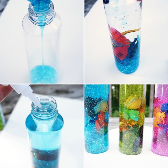 créer une bouteille à effet océan remplie de l'eau colorée en turquoise et figurines animaux, idée activité manuelle maternelle