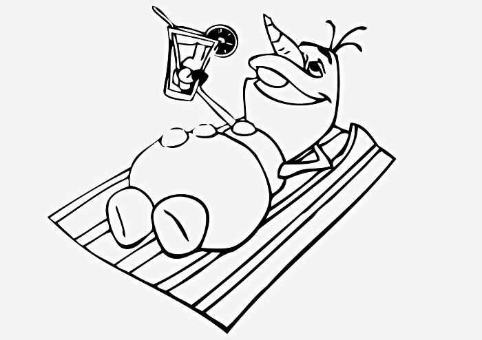 coloriage la reine des neiges en mode vacances d'été, dessin à colorier avec olaf étendu sur une serviette de plage