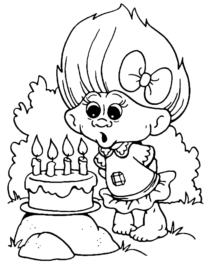 activité de coloriage dessin animé, dessin à imprimer pour coloriage les trolls, coloriage petit troll soufflant les bougies d'un gâteau anniversaire