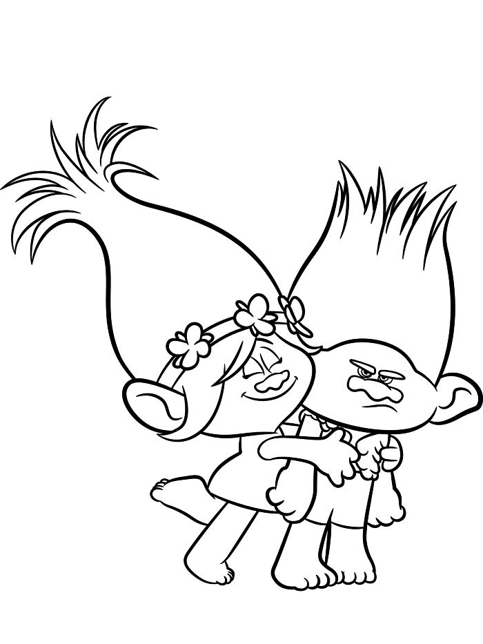 coloriage dessin animé les trolls, dessin à colorier princesse poppy embrassant le grognon branche