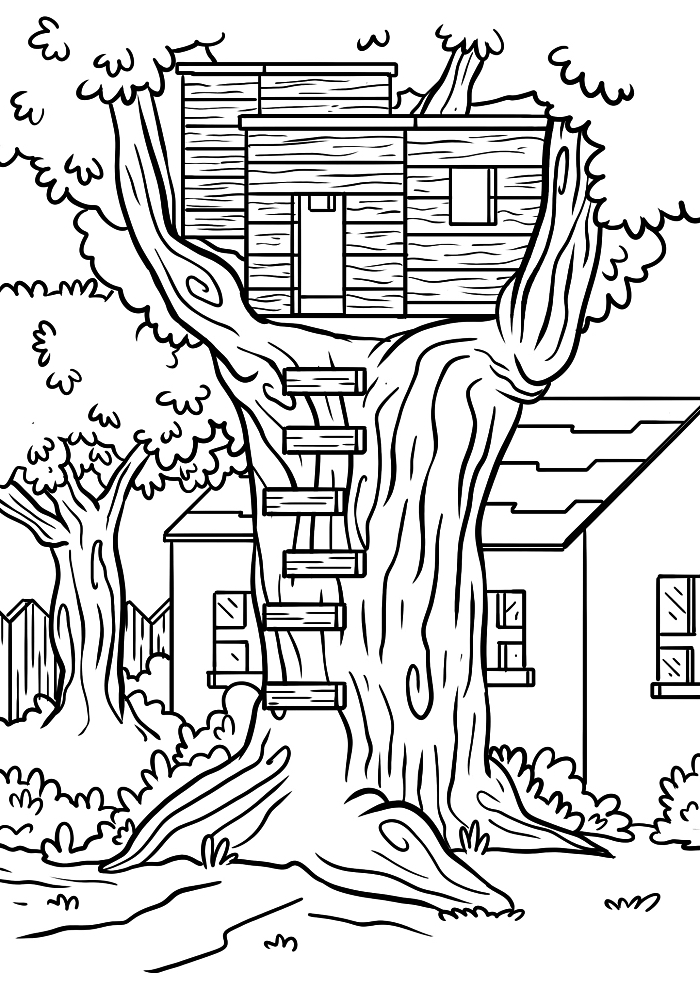 dessin à colorier maison en bois dans l'arbre, coloriage enfant cabane en bois, page à colorier gratuite pour téléchargement