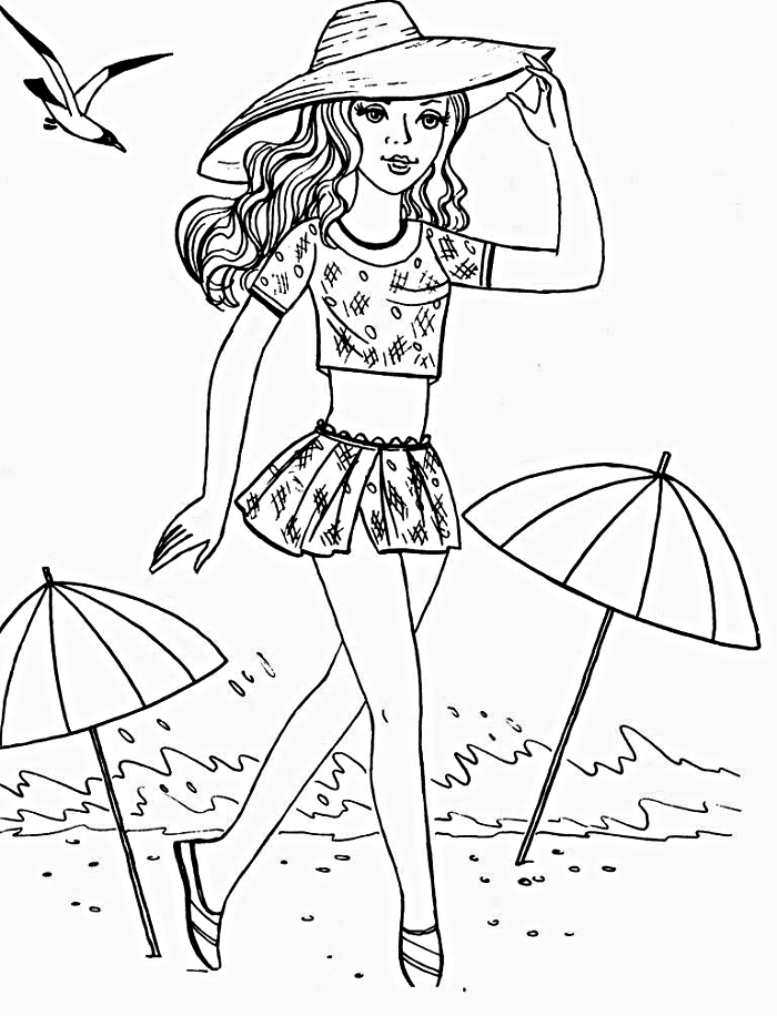 coloriage sur le thème de la plage pour fille, image a colorier balade sur la plage, dessin gratuit à colorier fille avec chapeau en paille sur la plage