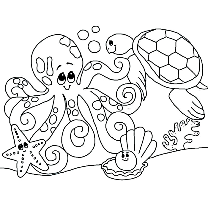 coloriage maternelle les animaux au fond de la mer, coloriage enfant sur le thème de l'océan, dessin à colorier tortue, étoile de mer et pieuvre