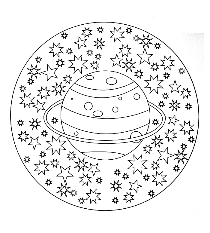 coloriage mandala facile pour enfants sur le thème de l'espace, mandala à colorier étoiles et planète