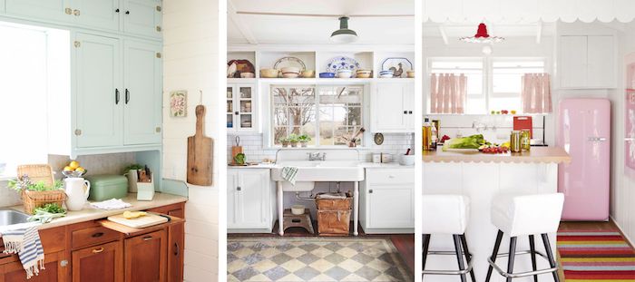 Collage avec idées de décoration pour la cuisine rétro, rose pale refrigerateur smeg, cuisine campagne chic, cool idée comment décorer