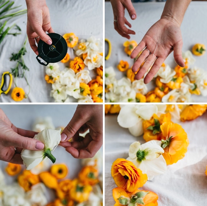 fleurs oranges et blanches enfilé à un fil de pêche, création de guirlande, deco de table anniversaire