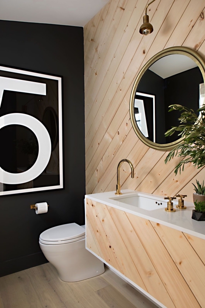 comment aménager une petite salle de bain à design contemporain, exemple de meuble salle de bain bois avec comptoir blanc