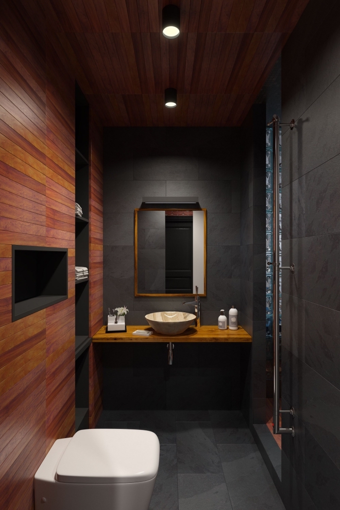 design contemporain petite salle de bain foncée, modèle salle de bain bois foncé et noir avec cuvette wc en blanc