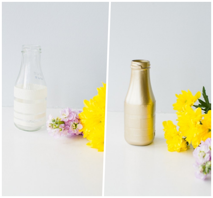 decoration table anniversaire avec vases diy at fleurs fraîches, petit bouquet de fleurs jaunes et mauves