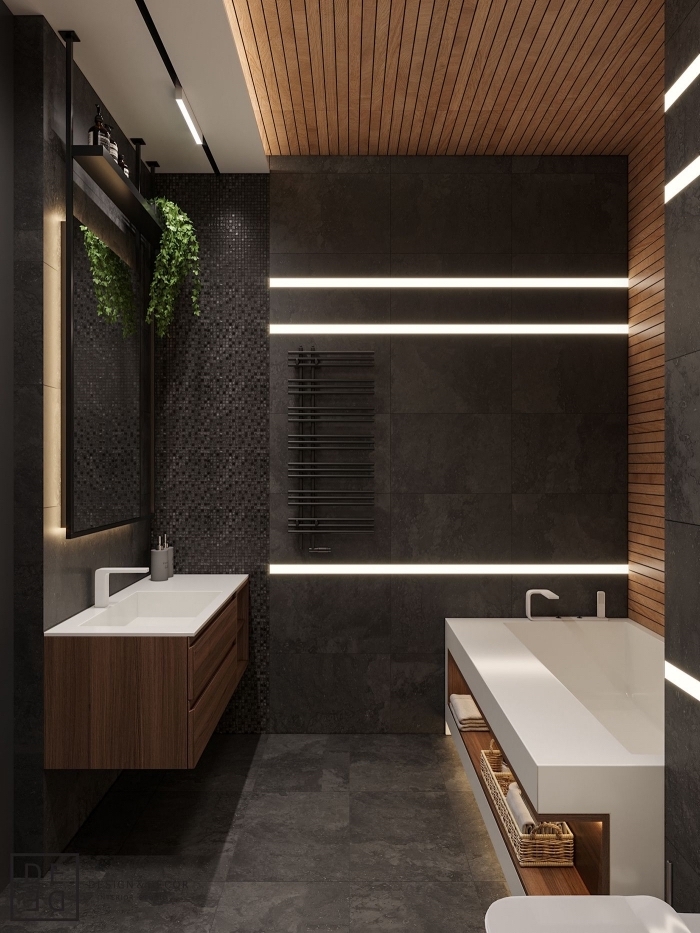 idée comment aménager une salle de bain contemporaine en couleurs foncés, modèle meuble salle de bain bois et blanc