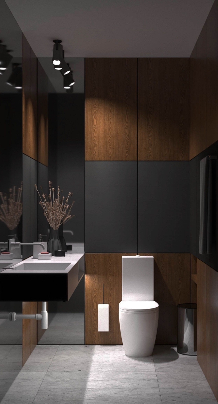 décoration petite salle de bain contemporaine avec panneaux en gris anthracite, modèle carrelage sol à imitation marbre
