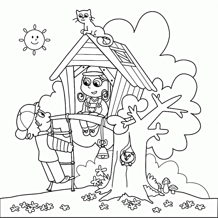 pages à colorier gratuites sur le thème de jeu, dessin à colorier enfants jouant dans une maison sur l'arbre