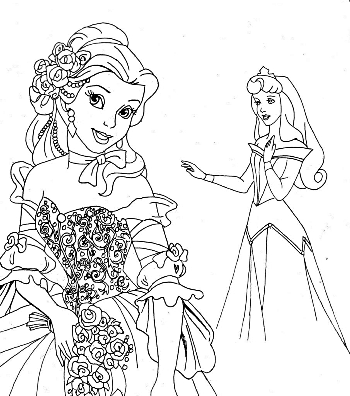 dessin a imprimer disney avec princesses, coloriage disney gratuit belle et la belle au bois dormant