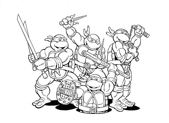 dessin coloriage garçon les tortues ninja, dessin gratuit à colorier avec les quatre tortues ninja