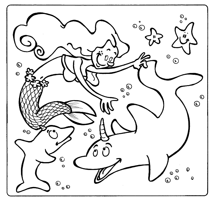 page à colorier gratuite, image a colorier gratuite pour coloriage enfant, dessin de coloriage sirène jouant avec dauphins