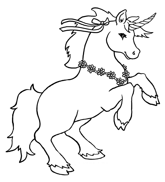 dessin à colorier licorne sur ses pattes arrières ornée d'un collier de fleurs, coloriage licorne pour enfants dessin facile à imprimer gratuit