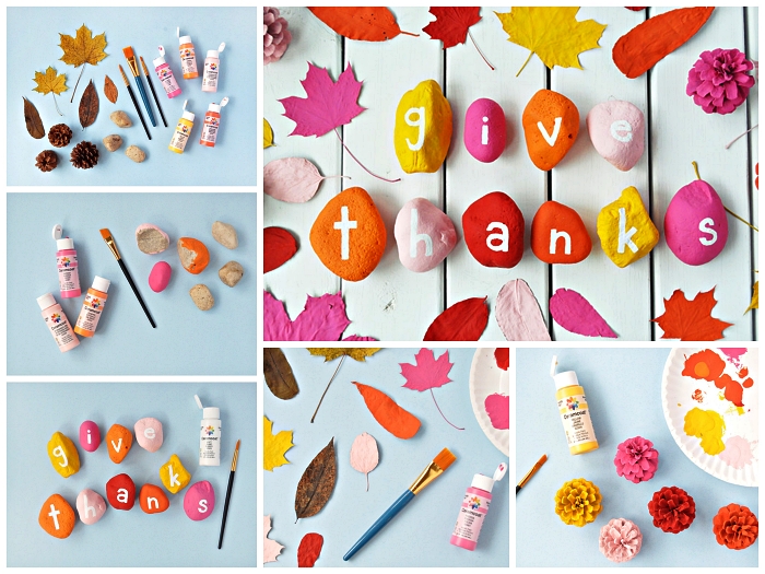bricolage d'automne pour petits et grands, décoration de table en galets de couleurs différentes, bricolage sur le thème d'automne