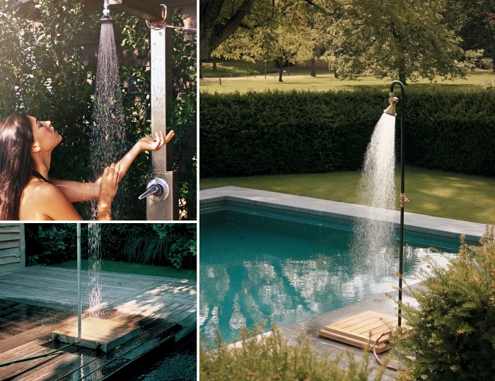 design extérieur moderne avec piscine et douche, modèle de douche solaire piscine en inox, idée douche mobile en bois et métal
