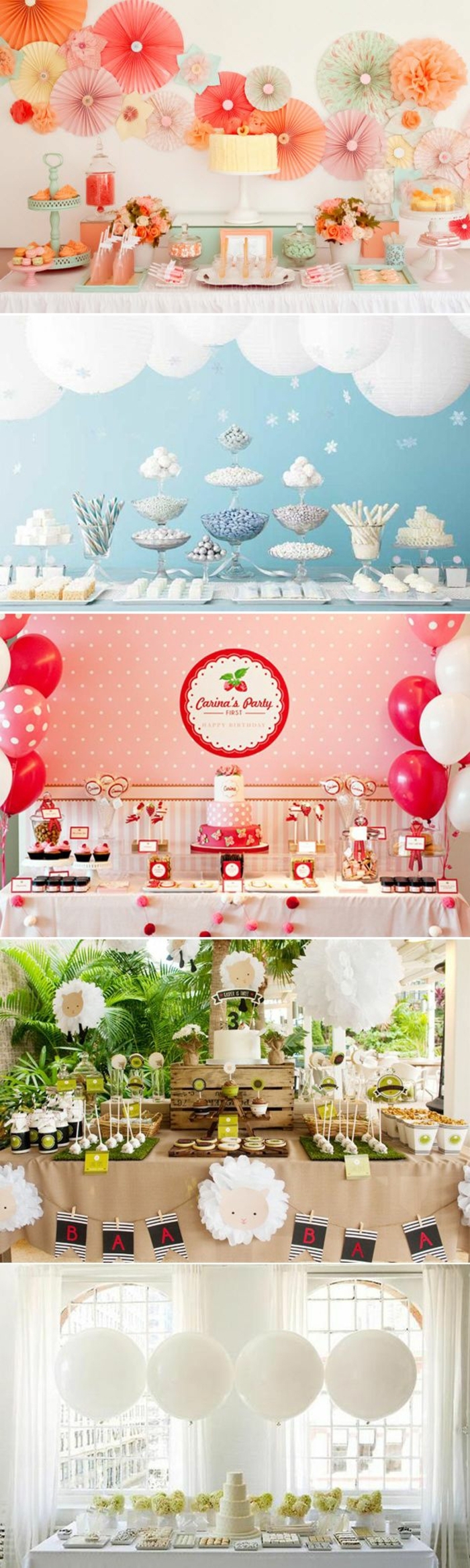 décoration table avec pinatas, lanternes en papier, ballons rouges et blancs, plantes, pelouse artificielle, deco de table anniversaire