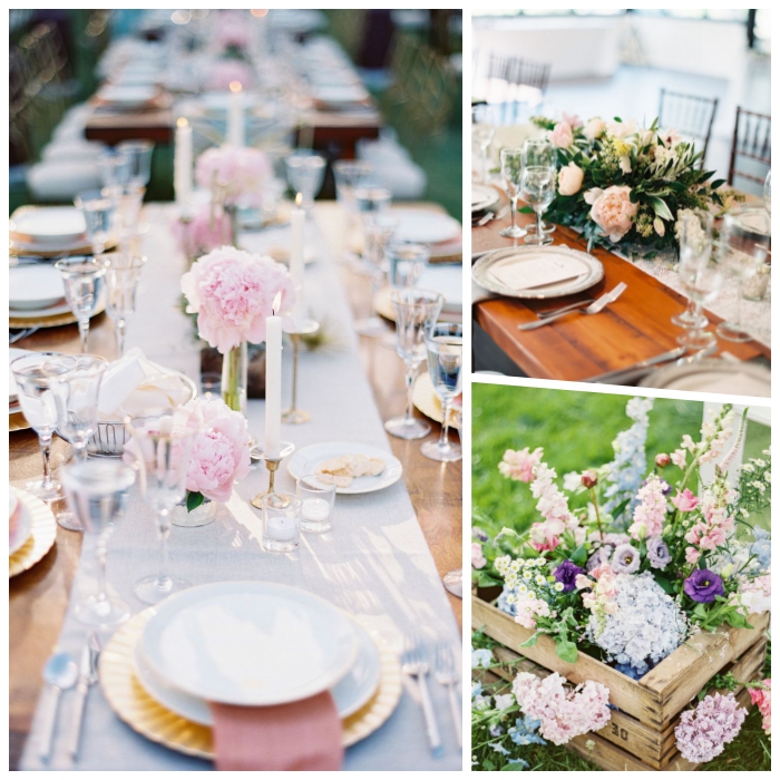 chemin de table blanc, vases longues avec fleurs roses, table en bois, décoration table mariage bohème