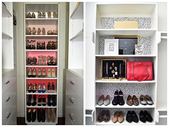 armoire a chaussure personnalisée avec du papier peint, rangement pour chaussures dans un petit dressing ou une chambre à coucher