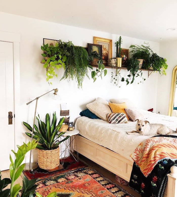 linge de lit boheme, tapis hippie chic, étagère dessus lit surchargée de végétaux verts, plante verte en cache pot tressé