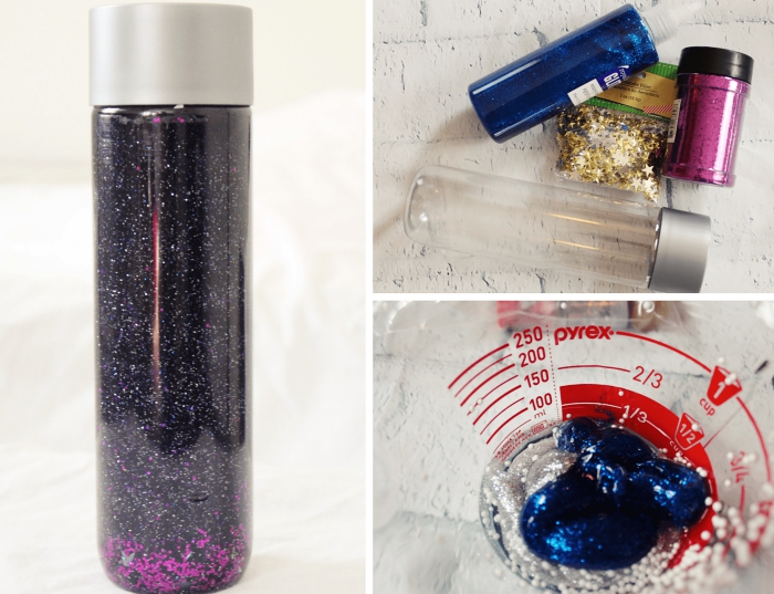 remplir une bouteille en verre avec peinture glitter et eau, diy jouet à effet galaxie, exemple méthode pédagogique créatif