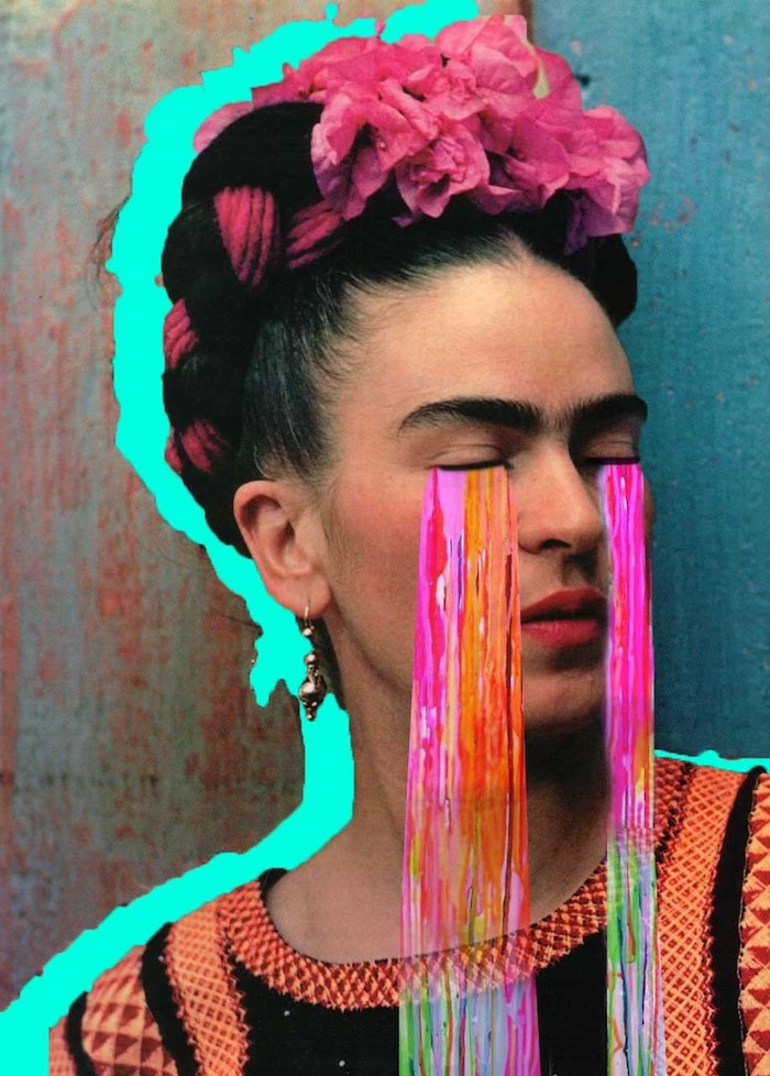 Frida Khalo coloré collage de photo de femme avec couronne de fleurs et larmes colorés 