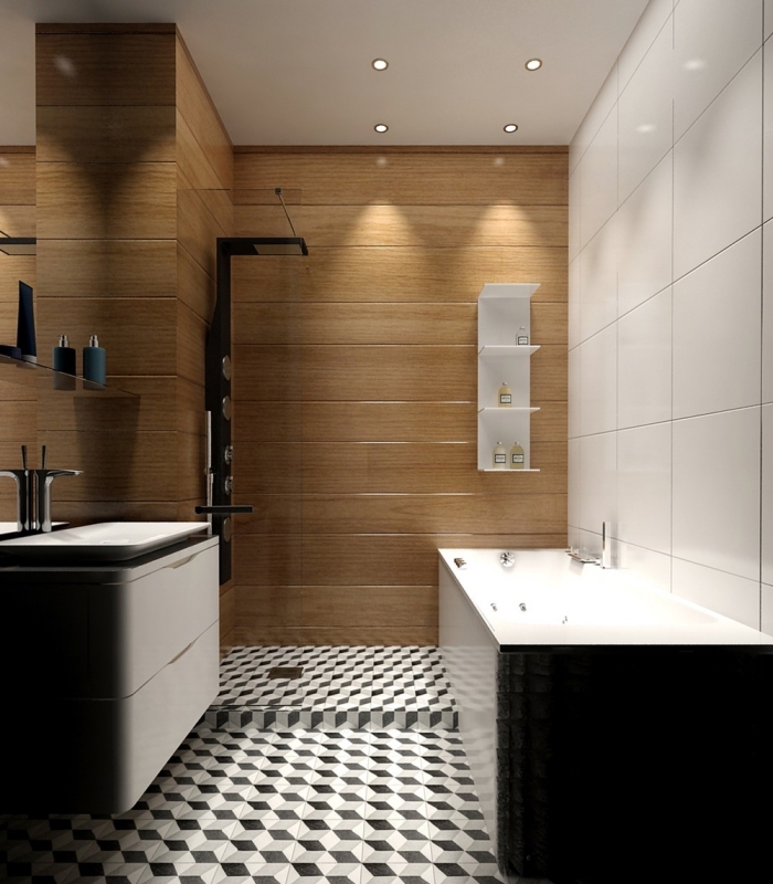 modèle salle de bain aux murs effet bois avec plafond blanc, idée agencement salle de bain avec baignoire blanc et noir