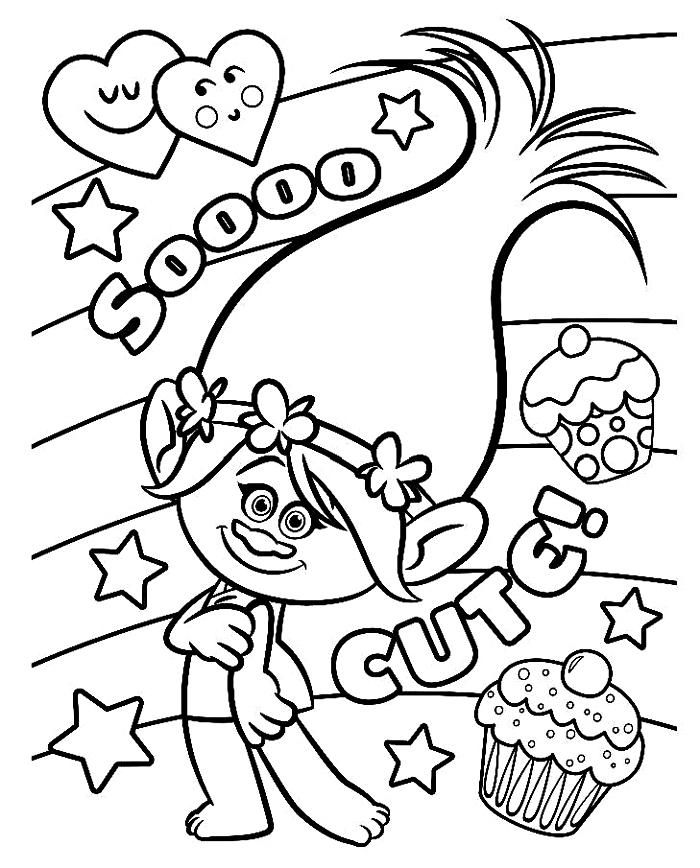 page à colorier gratuite les trolls, dessin a colorier gratuit pour enfants princesse poppy et cupcakes