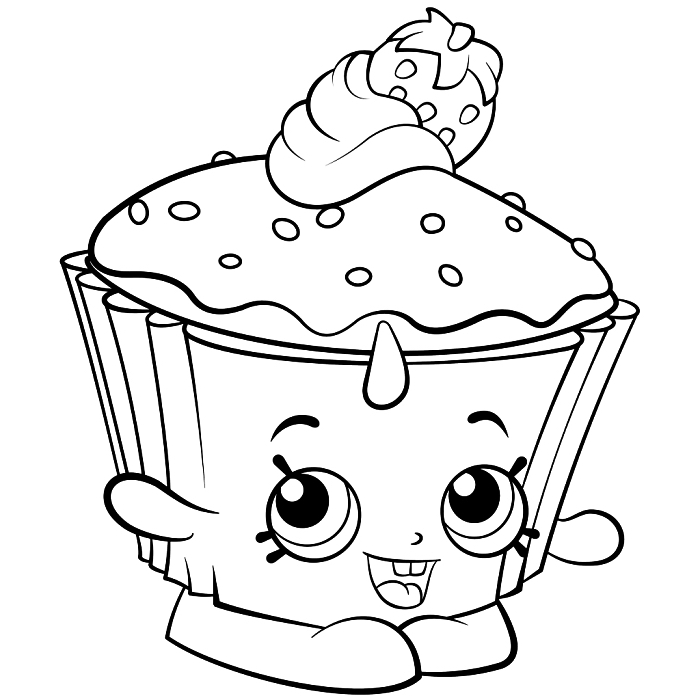 coloriage pour enfant cupcake mignon décoré d'une fraise, image à imprimer et à colorier personnage kawaii