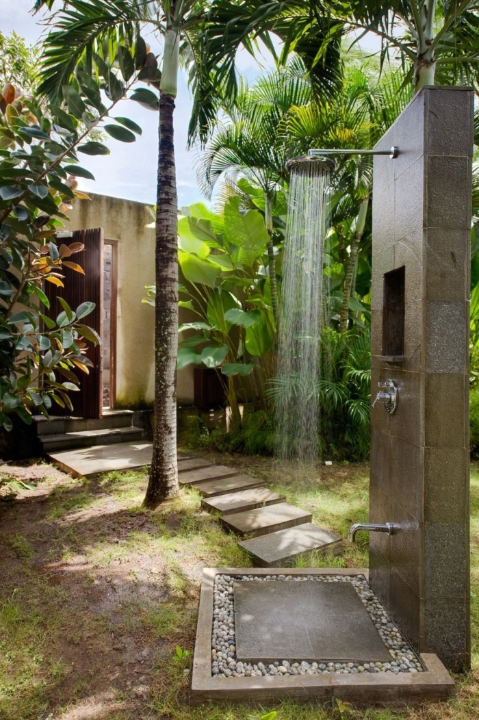 aménagement extérieur d'une maison, modèle de jardin avec gazon et arbres exotique, modèle de douche de jardin fixe