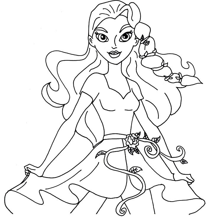 dessin à colorier sur le thème super-héros, coloriage fille super-héroïne en jolie robe courte avec ceinture à roses