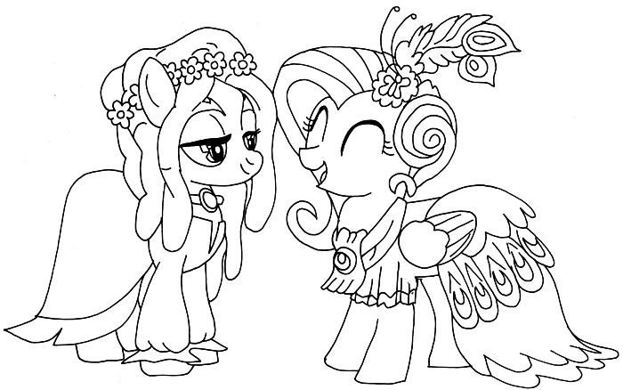 coloriage en ligne sur le thème my little pony, image à imprimer et à colorier avec deux petites licornes 