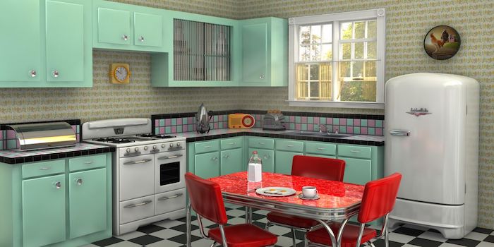 Formica bleu cuisine, table et chaises rouges, cool cuisine vintage, intérieur déco rétro style tendance