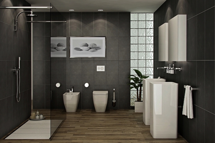 décoration salle de bain grise avec cabine de douche et double vasque, idée salle de bain aux murs gris et plancher bois