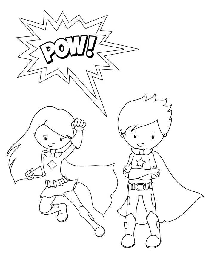 dessin à colorier fille et garçon super héros en costumes à capes, coloriage super héros pour enfants